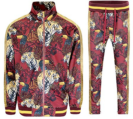 G-Style USA Men's Set Royal Floral Tiger Accent Track Suit ST559 - Burgundy - Medium