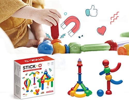 Stick-O magnetiska byggklossar för barn från 1 år och uppåt, kreativa byggleksaker, pedagogiska leksaker med magnet, 36 modeller för flickor och pojkar, Montessori-leksaker, set med 30 delar,