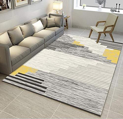 Outdoor-QJ Groessen Moderner Wohnzimmer Teppich Grau gestreiftes Gelb Kurzflor rutschfest Pflegeleicht Schlafzimmer Zimmer Teppich Sofa Tisch Kind Krabbeln Läufer Matte 1.4x2M