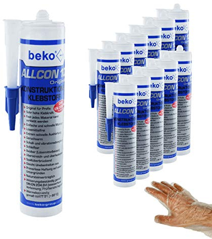 12x Beko Allcon 10® Konstruktionsklebstoff 310 ml 260 100 310 inkl. 12 Einweghandschuhe