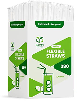 Comfy Package Individually Wrapped Disposable Plastic Flexible Drinking Straws - BPA Free - White [380 Pack]