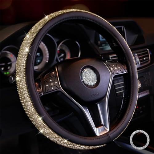 Lifetooler Lenkradbezug Glitzer mit Bling Strass Lenkradhülle Leder Strasssteine Atmungsaktive Universal 38cm/15 Inch Bequem Anti Rutsch Auto Accessoires für Frauen (schwarz-Gold)