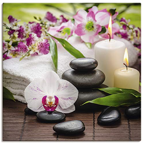 ARTLAND Wanddeko Leinwand Bilder Wandbild 70x70 cm Quadratisch Asien Wellness Zen Steine Spa Orchideen Blüte Kerze Pink Rosa K3AD