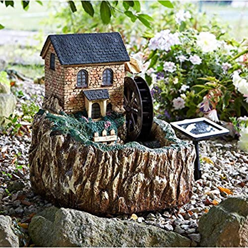 Garden Mile® Novelty Vintage Style Water Fountain - Solar Powered Resin Water Mill Colour Recycling Water Feature - Garden Ornament Outdoor Decorative Centrepiece for Pond, Patio and Lawn Decor