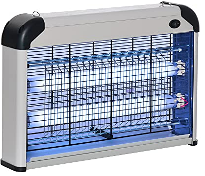 Outsunny Lampada Antizanzare Elettroinsetticida da Esterno e Interno, Zanzariera Elettrica con Lampada Antizanzare UV per 60m², 20W, Nero e Argento