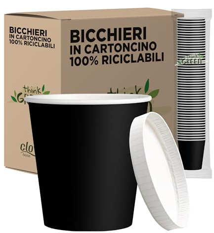 cubex professional® - Kit de 500 vasos reciclables de cartón negros, 75 ml + 500 tapas de cartón blancas para café, agua o bebidas calientes y frías