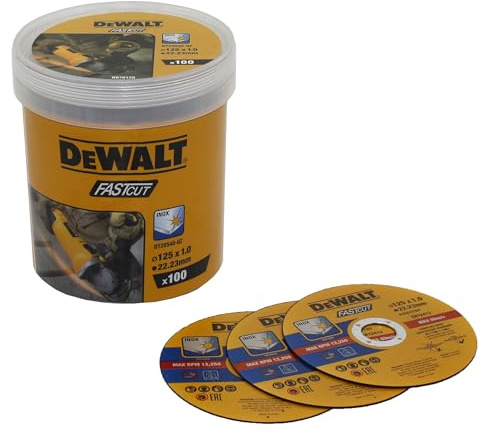 DEWALT DT20540-QZ - Discos de corte de alto rendimiento, Ø 125 mm x 1,0 mm, Tipo 41 (plano), Diámetro del orificio 22,23 mm, 100 unidades en un cubo