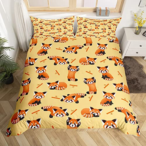 Homemissing Kids Cartoon Panda Comforter Cover Cute Red Panda Bamboo Duvet Cover for Boys Girls 3D Animal Bedding Set Orange Yellow Bedspread Cover 2Pcs Bedding Single