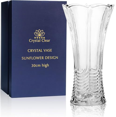 CS Crystal Vase 12-inch high, Water Ripple Design, for Flowers & Decor. Lovely Nice Shiny Piece. Perfect as a Gift, Suitable for All Occasions.