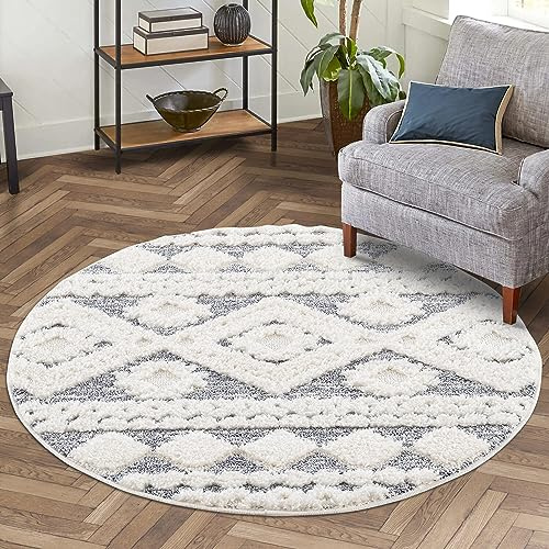 carpet city Teppich Hochflor Wohnzimmer - 200x200 cm Rund - Landhaus-Stil Ethno Grau Creme - Cut-Loop, Hochtief, 3D-Effekt - Shaggy Teppiche Flauschig-Weich Schlafzimmer Langflor