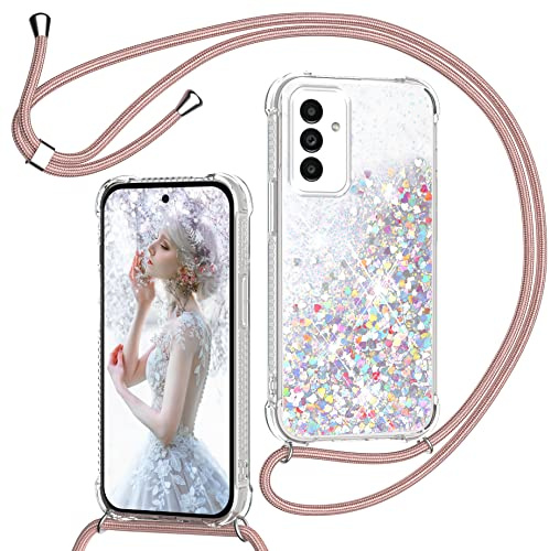 Handyband für Samsung Galaxy A14 5G/4G Hülle mit Band, Glitzer Treibsand Handyhülle mit Kordel zum Umhängen Transparent Stoßfest Schutzhülle mit Kette Schnur, Quicksand Necklace Case in Roségold