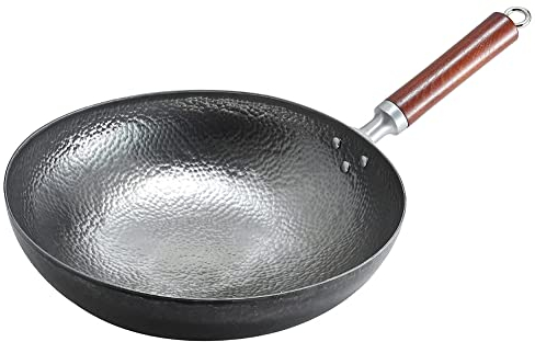 ZAANU Wok Tradicional de Acero al Carbono Martillado a Mano con Mango extraíble de Madera y Acero para Estufas de Gas de Fondo Redondo - Diámetro de la Olla: 13,4 Pulgadas (34 cm) (Diáme