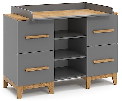 VitaliSpa Wickelkommode Malia, Grau/Eiche, 133 x 98 cm XL mit 4 Schubladen
