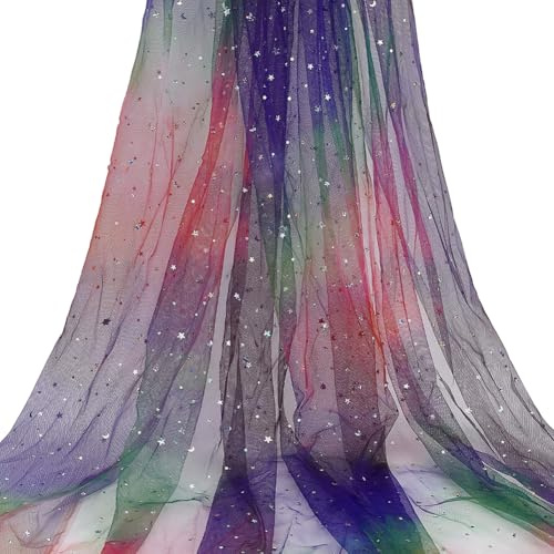FINGERINSPIRE 1.82x1.6 m Tüll Spitzenstoff Regenbogen Funkelnder Gaze Stoff Batik Silber Stern Netz Tüllstoff Glitzer Mond Pailletten Netzgarn DIY Basteln