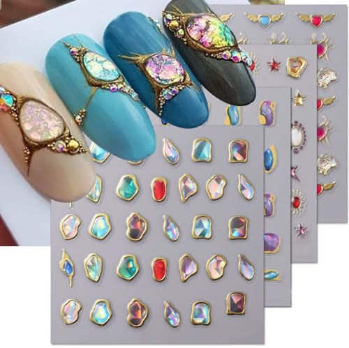 6 Blätter 5D Geprägt Nagelsticker,Kristall Weich Kleber Unregelmäßig Nail Gems Geometrisch Rahmen Nail Sticker Gelee Strasssteine Herz Stern Nagelaufkleber Mond Sonne Wolke Nagel Stickers für Nail Art