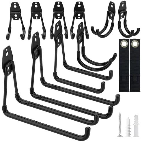 Steel Garage Storage Hooks - 12 Pack Anti-Slip Coating, Heavy Duty Wall Mount Hooks for Hanging Bike, Ladder, Garden Tools (Black)