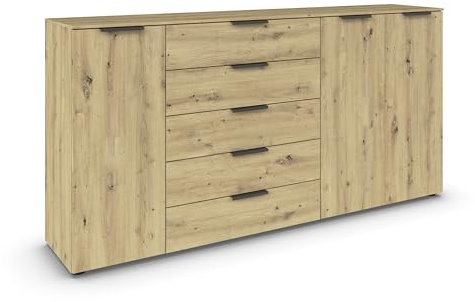 Rauch Möbel Flipp, Kommode, Farbe Eiche Artisan, Breite 199 cm | Sideboard, 3-türig, 5 Schubladen, Soft-Close-Funktion, für Schlafzimmer, Gästezimmer, Wohnzimmer, Garderobe, Flur