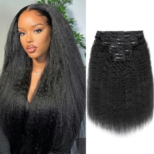 YDDM Kinky Straight Clip in Echthaar Haarverlängerungen für Schwarze Frau - Vollkopf Brasilianisches Jungfräuliches Haar, Natürlich Schwarz, Double Weft, 24 Inch, 120g, 8 Stück, 20 Clips