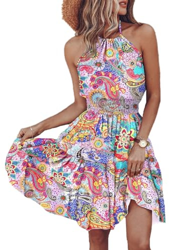 ABINGOO Vestito Estivo Donna Bohemian Mini Abito Senza Maniche Halter A-Line Swing Stampa Floreale Abiti Casual con Fiori a Vita Elastica Vestito(Fiore Rosso,M)