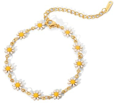 IMINI Grazioso braccialetto con margherite per donne e ragazze in acciaio inox, delicato braccialetto a forma di piccolo fiore, per compleanno, festa di nozze, braccialetto dorato per promessa