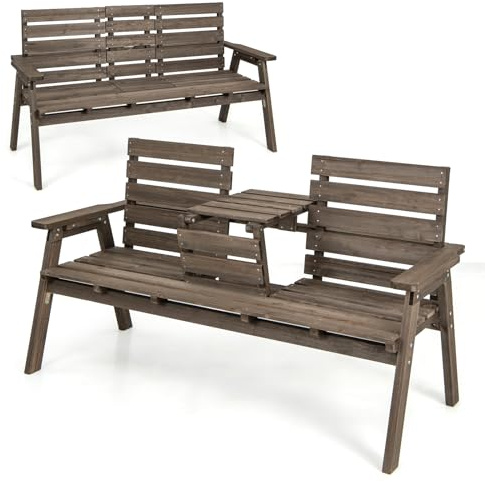 KOMFOTTEU Gartenbank aus Tannenholz, Lattenbank mit klappbarem Mitteltisch, Holzbank für 2-3 Personen bis 320 kg, Parksessel Sitzbank 160 x 64 x 86 cm, Parkbank für Garten, Balkon (Kaffee)