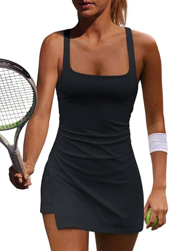 Yanekop Womens Tennis Dress with Built in Shorts Golf Dress Athletic Outfits Yoga Active Workout Dresses(Black,S)
