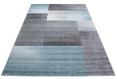 Stilvoll Günstig by ELMM Kurzflor Teppich Blau 80 x 150 cm – Kariertes Design, 11 mm, Polypropylen, Juterücken, für Wohnzimmer & Schlafzimmer