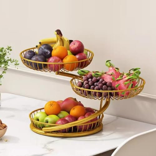 Corbeille à fruits amovible en métal à 3 niveaux pour comptoir, fruits, légumes, pain, support de rangement rotatif à 360 ° pour comptoir de cuisine, table à manger, doré