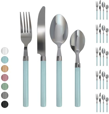 Servizio 24 Pezzi Posate Tavola Acciaio Inox Manici Colorati Tinta Unita Colori Moderni 6x Forchetta Coltello Cucchiaio Cucchiaino Lavabili Lavastoviglie Certificate Contatto Alimenti - Azzurro