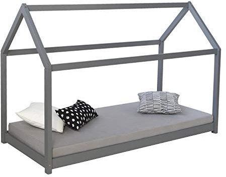 Homestyle4u Kinderbett Hausbett 80x160 mit Matratze Grau Montessori Bett Bodenbett Bettgestell mit Lattenrost Holz Kiefer | Artikel 2834