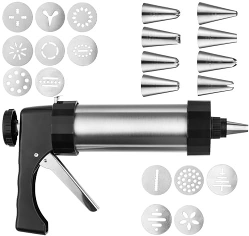 Cookie Press, Stainless Steel Cookie Press Gun Kit, Spray Cookie Press with 13 Decorative Template Plates and 8 Icing Tips for Baking Cookie Press and DIY Cookie Making
