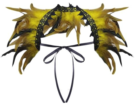 Federkragen, Gothic Feder Achselzucken Schalkragen Halloween Kostüm Karneval Federumhang Gothic Stil Feder Kragen Karneval Make-up Perle Spitze Kragen Kleidung Zubehör Schnürung (01 Yellow, One Size)