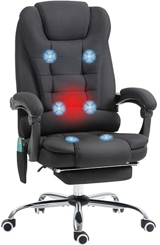 Vinsetto Bürostuhl mit Massagefunktion Fußstütze Schreibtischstuhl, Schwarz | Ergonomisch, Liege- & Wärmefunktion, Computerstuhl, Seitentasche, Fernbedienung