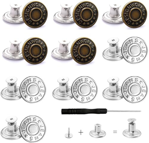 10PCS Jean Button 17mm No Sew Metal Buttons Adjustable Jean Button Pins with Screwdriver for Jackets Clothes Denim Skirt Clothing Repairing