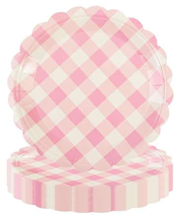 EVYIENEN Lot de 50 Assiettes en Carton Gingham Rose, 17,8 cm - Assiettes Jetables à Carreaux pour Fête - Vaisselle pour Gâteau, Salade, Fruits - Assiettes Décoratives Jetables pour Dîner