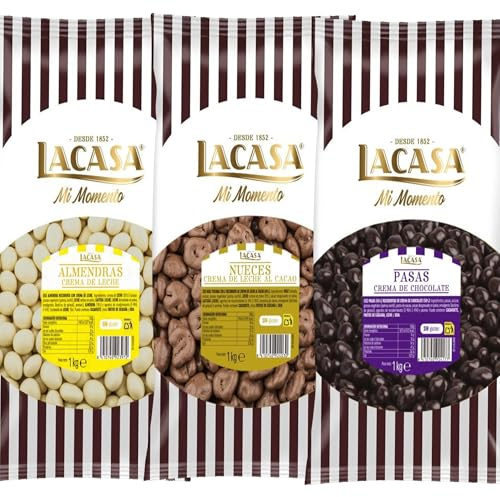 Lacasa Mi Momento pack 3kg bolas: Pasas de Corinto con chocolate Negro,Almendra con chocolate Blanco,Nuez con chocolate con Leche