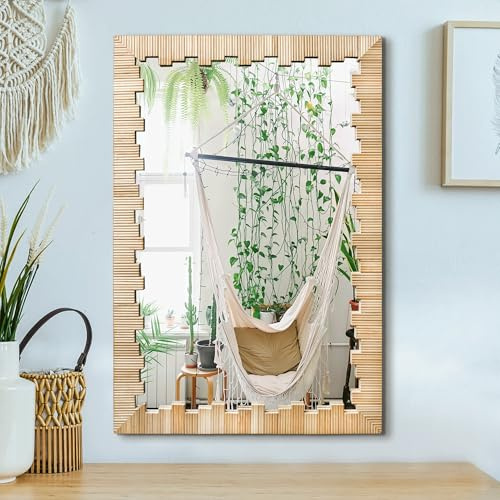 AMOISE Boho-Wandspiegel mit Holzrahmen, 76,2 x 50,8 cm, künstliches Rattan, dekorativer Kosmetikspiegel für Badezimmer, Wohnzimmer, Schlafzimmer, Eingangsbereich (rechteckig)