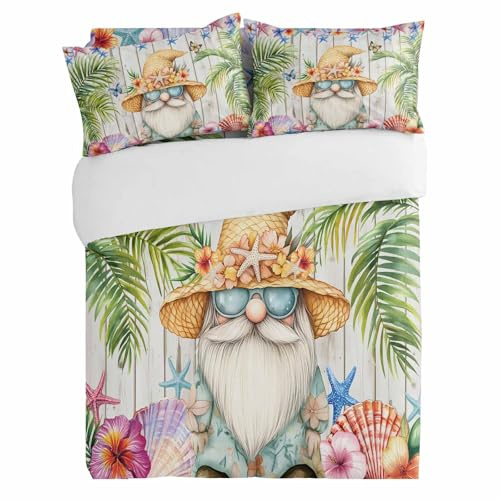 3 Piece Bedding Set, Dwarf Seaside Shell Starfish Breathable Duvet Cover Super Soft Pillow Shams, Palm Tree White Wood Grain Washable Bed Sets All Seasons for Bedroom Dorm Hotel RV