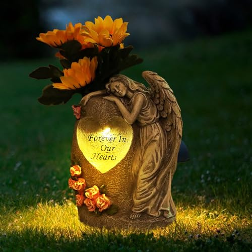 Hekasvm Solar Engel Gartendeko für Draußen Wetterfest,Grabvase mit Erdspieß,Gartenfiguren & Gartenstatuen,Solar Deko für Außen Garten,Friedhofsvase,Gedenkgeschenke (Grau)