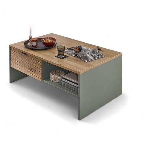 INA Couchtisch in Schilfgrün und Artisan Eiche Optik, Sofatisch Wohnzimmer | 110 x 44 x 65 cm (B/H/T), 2 Schubladen, 2 offene Fächer, schwarze Metallgriffe, FSC-zertifiziert Tisch Couch