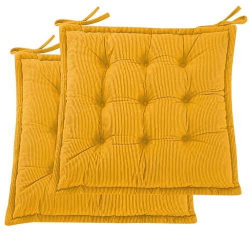 PRIMEPATIO Seat Pad for Dining Chair Set of 2, Garden Kitchen Chair Seat Cushion With Ties, Soft Tufted Shredded Foam Chair Pad for Indoor Outdoor, 50 x 50cm, Yellow