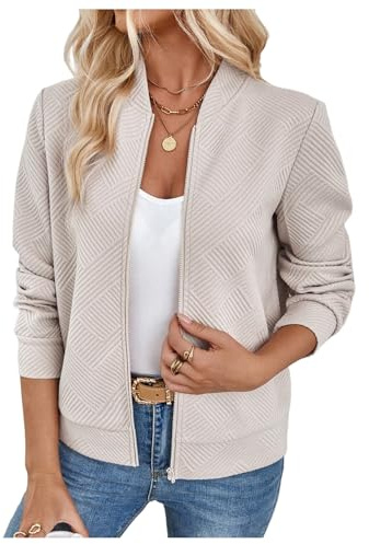 GORGLITTER Women's Textured Zip Up Bomber Jackets Long Sleeve Outwear Coats | Warm and Soft Fabric, Vintage and Elegant Style, Baseball Collar, Ladies Outfits for Autumn, Spring