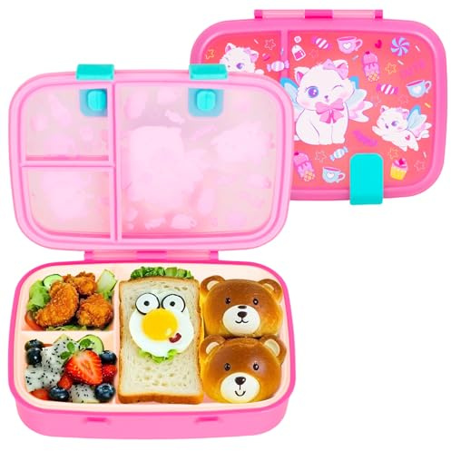 PinkSheep Bento Lunch Boxen für Kinder, 800ml BPA-freie leckagesichere Kinder Lebensmittelbehälter mit 3 Fächern zurück zu Schulschülern Junge Mädchen (Katze A)