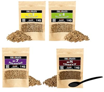 PINI Naturholzpellets Set 4X 1 kg für Pizzaofen aus 4 Sorten - Pizzapellets Nr 3, Oregano Nr. 4, Basilikum Nr 7, Kirsche Nr 8 - natürliches Aroma