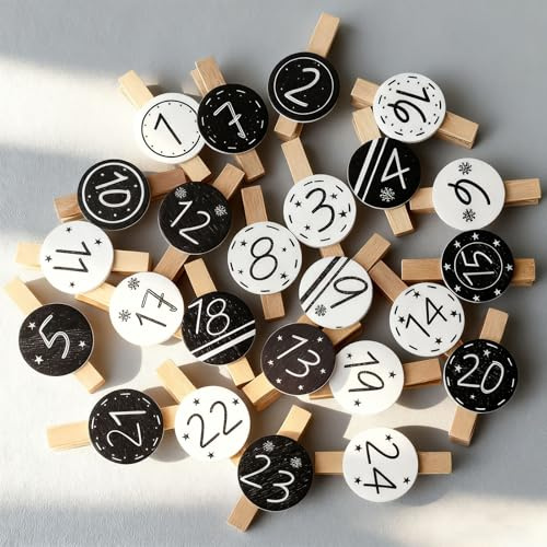 HERZWILD 48pcs Adventskalender Zahlen Holz 2 sets Wäscheklammer Holz F. Adventskalender 1-24 Weihnachten Holzklammern zum Foto Kleine Handwerk klammern (white black)