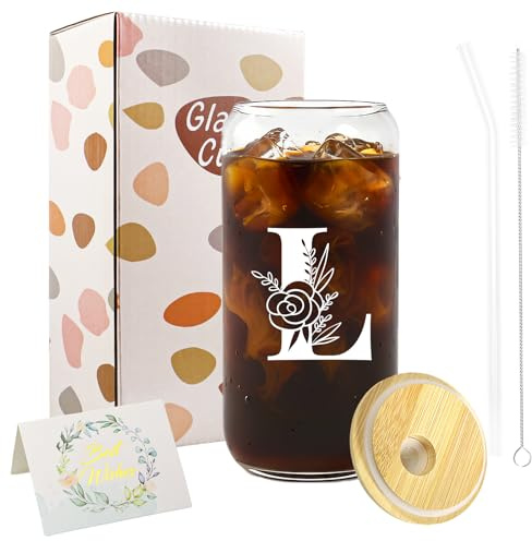 A-Z Initial Personalised Gifts for Women, Birthday Coffee Glass Cups Gifts Set, 16oz Iced Coffee Glass Cup with Lids and Straws, Iced Coffees Cup for Women, Mum, Teachers, Friends, Best Friend (L)