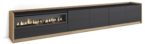 Skraut Home | Mueble TV | Televisión | Muebles de salón, almacenaje | 310x50x37 cm | para TV hasta 80 | Chimenea eléctrica | Estilo Moderno | Negro y Roble