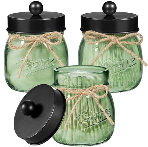 SheeChung Green Glass Qtip Holder Dispenser, Mason Jar Apothecary Jars with Lids, Bathroom Organizers and Storage, Vanity Countertop Canisters Set for Cotton Swab, Ball, Pad, Floss Pick-Black, 3 Pack