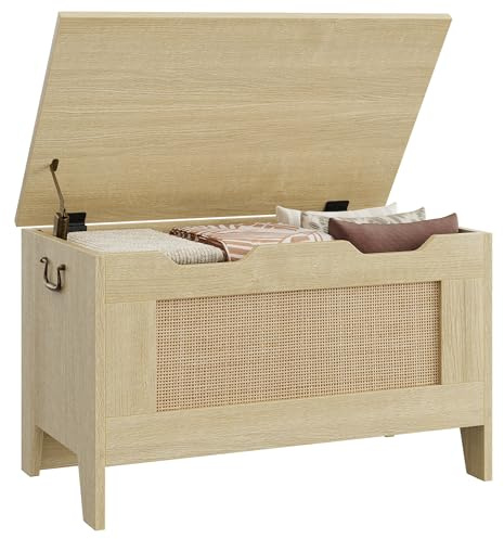 Garvee Storage Chest, 30 Rattan Storage Bench with Safety Hinge, Flip Top Blanket Chest Trunks, Supports 350 Lb, for Entryway, Living Room, Bedroom, Light Oak