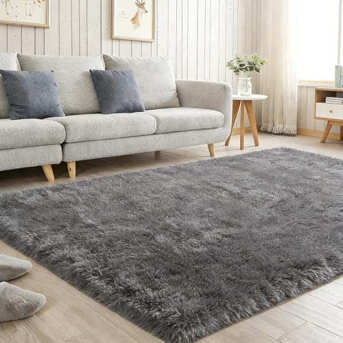 twirush Fluffy Shaggy Rugs for Living Room 120x160cm/4x5 ft, Grey Area Rugs for Bedroom, Large Anti Slip Carpet, Machine Washable Soft Thick Pile Bedside Rug for Kids Bedroom Nursery (Grey)
